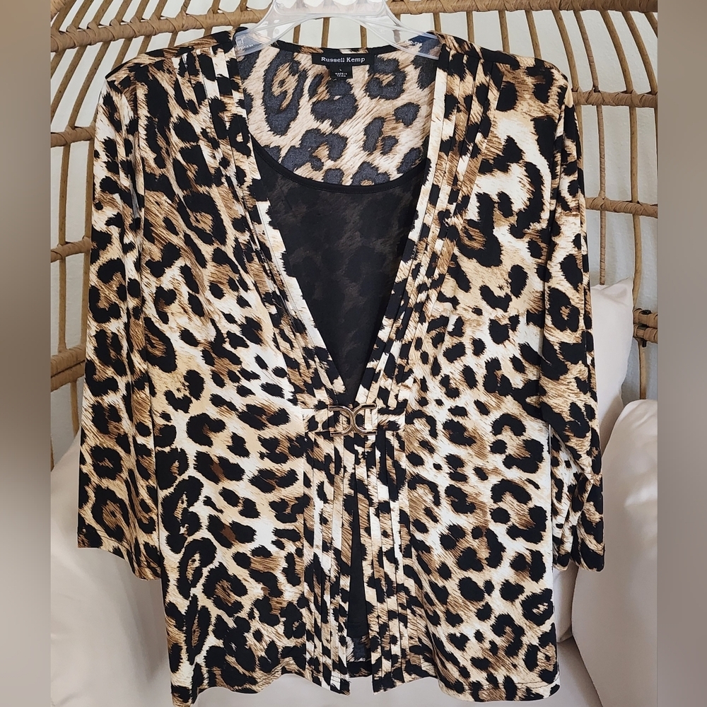 Russell Kemp Cheetah Print Woman's 3/4 Sleeve Pullover Top Size Large